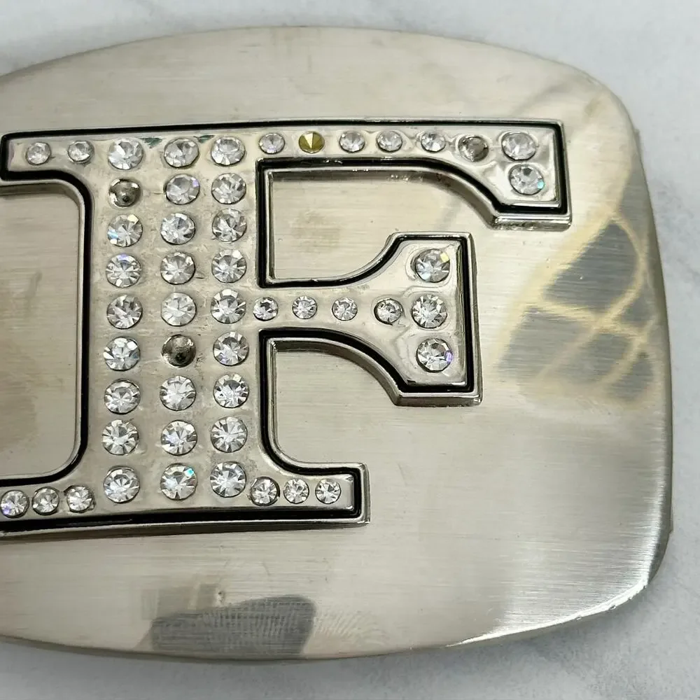 Rhinestone Studded F Letter Initial Monogram Silver Tone Belt Buckle